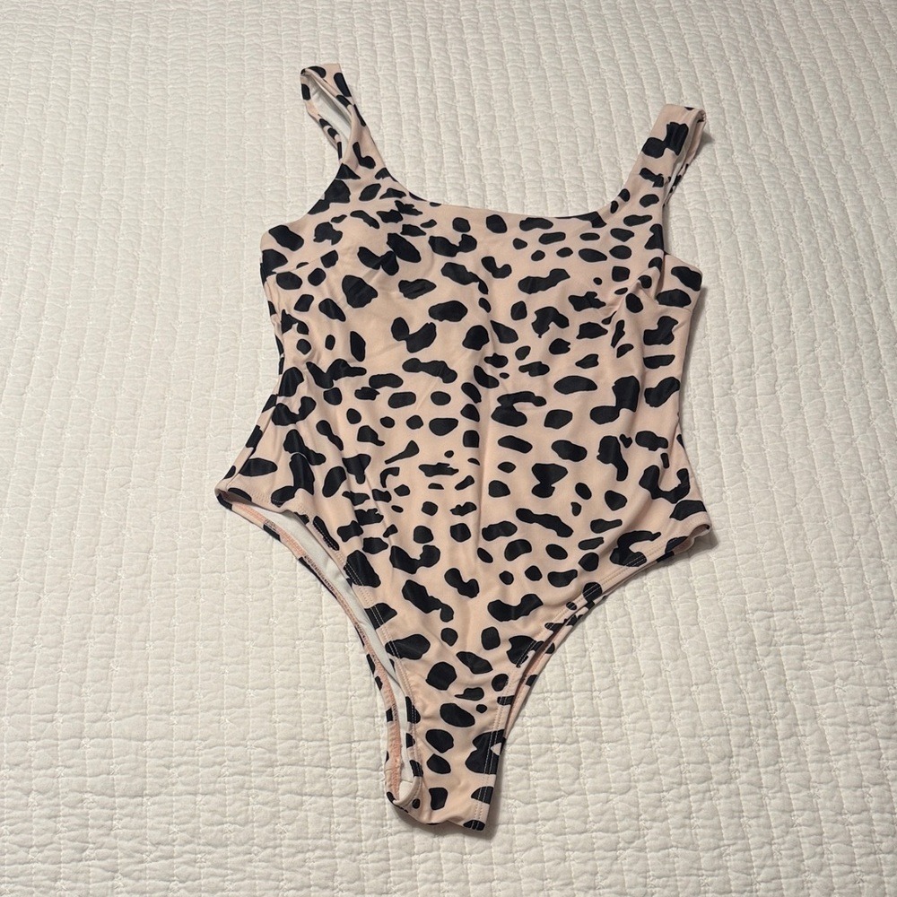 Unbranded Leopard Print Scoop Neck One Piece Swimsuit Tan Black Small 4-6